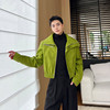 秋季时髦绿色PU机车皮衣外套男设计感韩版网红高级感短款夹克潮牌