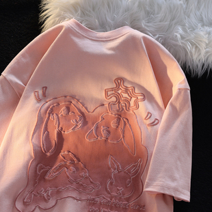 粉色甜美兔子情侣短袖T恤女夏季小众多巴胺原创潮牌宽松上衣