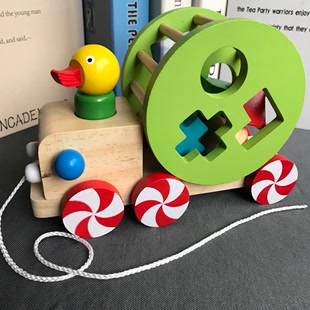 木拖车玩具1-3岁木质智力益，智慧小鸭拉绳拉车，礼物宝宝益智拉车积