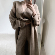 韩国东大门慵懒风长款羊绒，毛衣开衫+马甲背心+垂感休闲裤三件套装