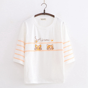 日系森女可爱趣味猫咪，印花短袖t恤女夏装宽松学生上衣体恤衫