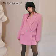 masionwester24女装玫红色羊毛宽松版气质双排，扣西服外套上衣