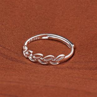 s990纯银戒指女小众小仙女范镂空(范镂空)树叶，小清新开口指环食指环