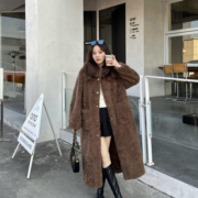 韩版连帽长款过膝羊羔毛外套(毛外套)女冬季时尚百搭加厚保暖毛毛大衣