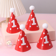 网红卡通蛋糕装饰波点毛球帽1周岁百天红色数字毛球帽甜品台装扮