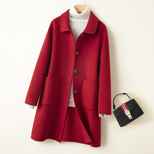 红色双面羊绒大衣女冬季高级感气质娃娃领羊毛中长款毛呢外套