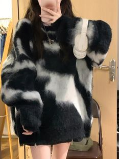 oversize!慵懒风长袖黑白，撞色毛衣女秋冬宽松圆领马海毛针织衫潮