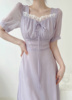 夏季短袖雪纺紫色连衣裙高腰宫廷，风少女蕾丝，法式温柔香芋中长裙潮
