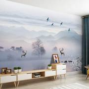 现代中式水墨山水壁纸抽象麋鹿，影视墙布壁画客厅沙发电视背景墙纸