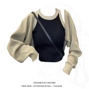 大码胖妹妹慵懒风复古短款针织罩衫，+设计感撞色吊带背心两件套女