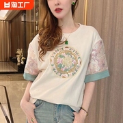 新中式国风刺绣正肩短袖t恤女士，夏季2024高级感拼接袖口上衣印花