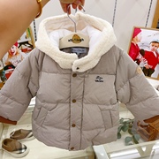 韩国童装23冬男女童宝带，帽小细格加厚洋气棉服保暖棉衣外套