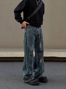 美式复古泼墨做旧牛仔裤，男高街cleanfit深蓝色，直筒宽松微喇长裤子