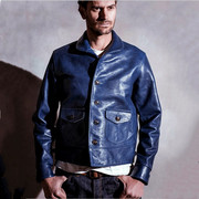 1920s青果领头层植鞣褶皱做旧牛皮真皮皮衣，男夹克外套蓝皮衣