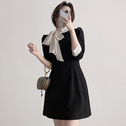 韩国chic春季优雅气质撞色系，带领修身收腰显瘦七分袖连衣裙小黑裙