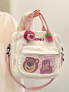 草莓熊撞色帆布单肩斜挎包包，女卡通可爱手提电脑包，可爱百搭双肩包