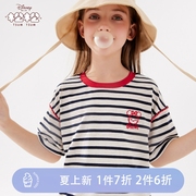 迪士尼女童短袖T恤2024夏季儿童薄款休闲圆领条纹上衣夏装