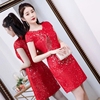 2022夏装中国风优雅时尚中长款改良版低领蕾丝旗袍连衣裙女装