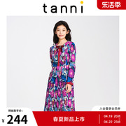 tanni商场同款长袖印花收腰中长款连衣裙TI31DR183B（无蝴蝶结）