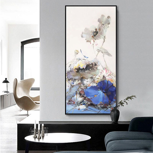 荷花油画手绘新中式现代简约客厅，装饰画大型竖版挂画《好事连连》