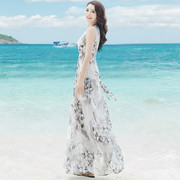海边度假沙滩裙气质无袖，雪纺波西米亚长裙收腰显瘦连衣裙女