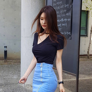 t恤短袖女夏季修身显瘦韩版气质百搭斜领大码莫代尔打底衫女