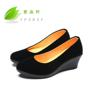 老北京布鞋高跟职业上班酒店鞋，工装黑布鞋女坡跟套脚工作妈妈单鞋