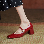 2023年春季一字带高跟鞋女玛丽珍鞋漆皮方头粗跟单鞋红色婚鞋