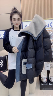 欧洲站2022冬季韩版外套加厚宽松羽绒棉拼接设计感娃娃领棉服