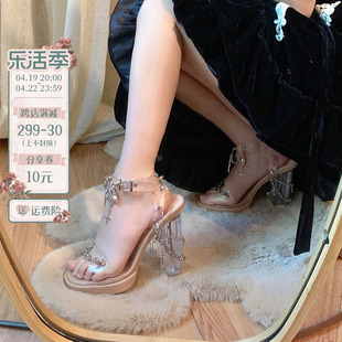 PINKYO原创亚文化辣妹一字带高跟鞋女2024夏露趾粗跟绑带凉鞋