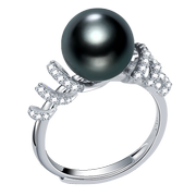 海瞳大溪地黑珍珠戒指女正圆s925银，海水珍珠指环黑色个性女戒食戒