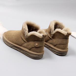 牛皮雪地靴女2023年冬季平底女靴子真皮短靴，防滑加厚保暖棉鞋