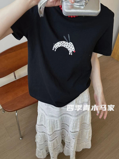 木马家韩国高品质卡通斑点小狗刺绣，白色短袖t恤休闲宽松半袖tee