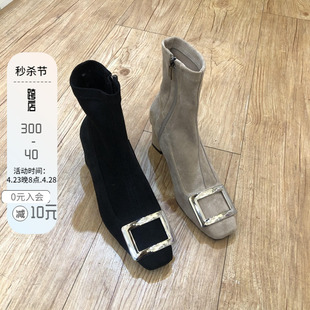 现韩国女鞋22秋欧美气质金属方扣绒面显瘦拼接侧拉链方跟弹力短靴