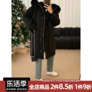 阿茶与阿古黑色连帽羽绒服男冬季韩版中长款毛领设计加厚保暖外套