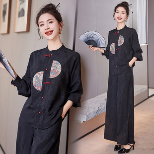 中国风女2024春装，时尚潮流简约气质裤子，两件套中式高级感套装