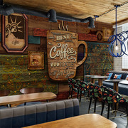 欧式复古3d立体个性墙纸咖啡餐厅壁纸创意木板纹字母酒吧ktv壁画