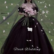 黑色婚纱影楼主题拍照服装情侣旅拍花朵外景在逃公主抹胸礼服