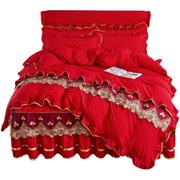 韩式公主夹棉结婚床裙式四件套蕾丝防滑大红床罩花边被套四季床品