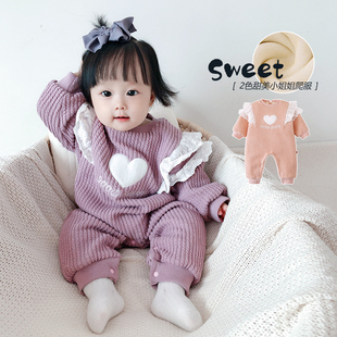 韩版童装女宝宝秋冬装蕾丝爱心连体衣婴儿加绒加厚保暖哈衣外出服