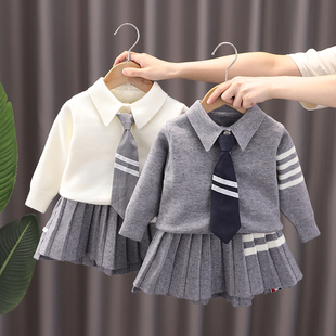 女童毛衣套装2022秋冬女宝宝学院风针织两件套小童网红套装裙