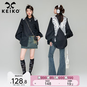 KEIKO 刺绣蝴蝶花黑色长袖衬衫女2024春季设计感小众韩版宽松上衣