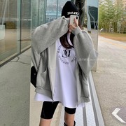 韩国慵懒风秋冬中长款上衣，加厚加绒棒球，服开衫卫衣灰色连帽外套女