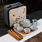 汝窑茶具套装旅行功夫茶杯，陶瓷盖碗泡茶壶送礼礼盒装定制logo