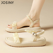 卓诗尼2024夏季凉鞋露趾珍珠，一字扣厚底，平跟白色时尚单鞋女鞋