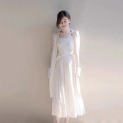 欧洲站2023早春长裙初恋chic百褶裙套装设计感小众白色连衣裙