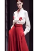 高级感气质时尚小众设计感白色衬衫显瘦红色高腰阔腿裤子两件套女
