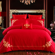床上用品纯棉大红四件套全棉婚庆六件套纯色喜庆新婚简约1.8m双人