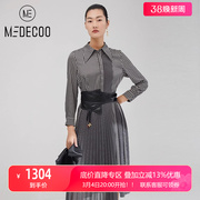 MEDECOO/墨蒂珂秋季气质修身长袖衬衫领雪纺拼接格子连衣裙女