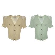 3.1xy绿色v领短款短袖针织衫，单排扣修身开衫，上衣时尚休闲洋气